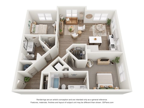 A 3D floor plan of a house with multiple rooms and furniture.